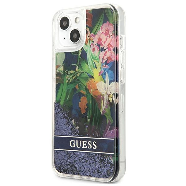 Etui Do iPhone 13 Mini Guess Liquid Glitter Flower Niebieski
