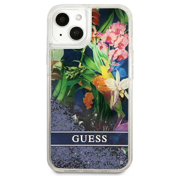 Etui Do iPhone 13 Mini Guess Liquid Glitter Flower Niebieski