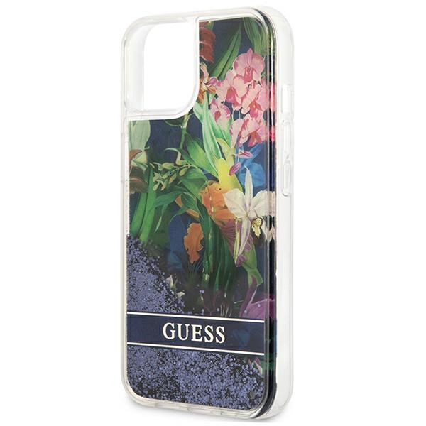 Etui Do iPhone 13 Mini Guess Liquid Glitter Flower Niebieski