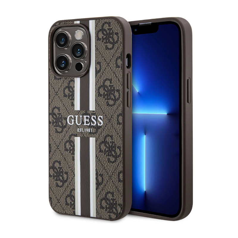 Etui Do iPhone 13 Pro Guess 4G Printed Stripes MagSafe Brązowy