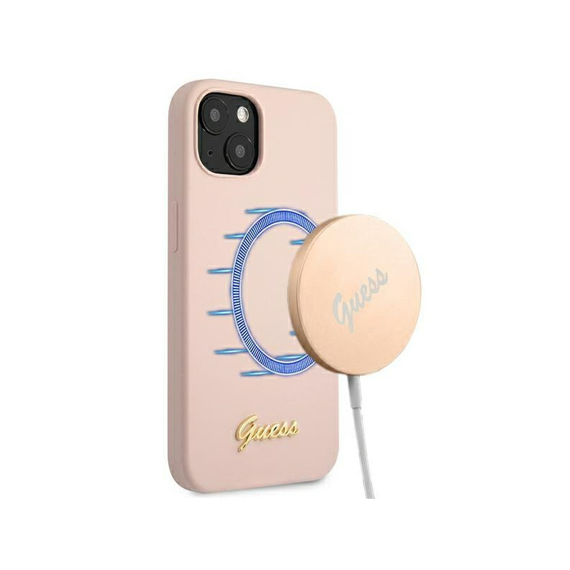 Etui Do iPhone 13 Guess Silicone Script MagSafe Różowy