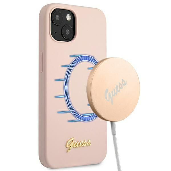 Etui Do iPhone 13 Guess Silicone Script MagSafe Różowy