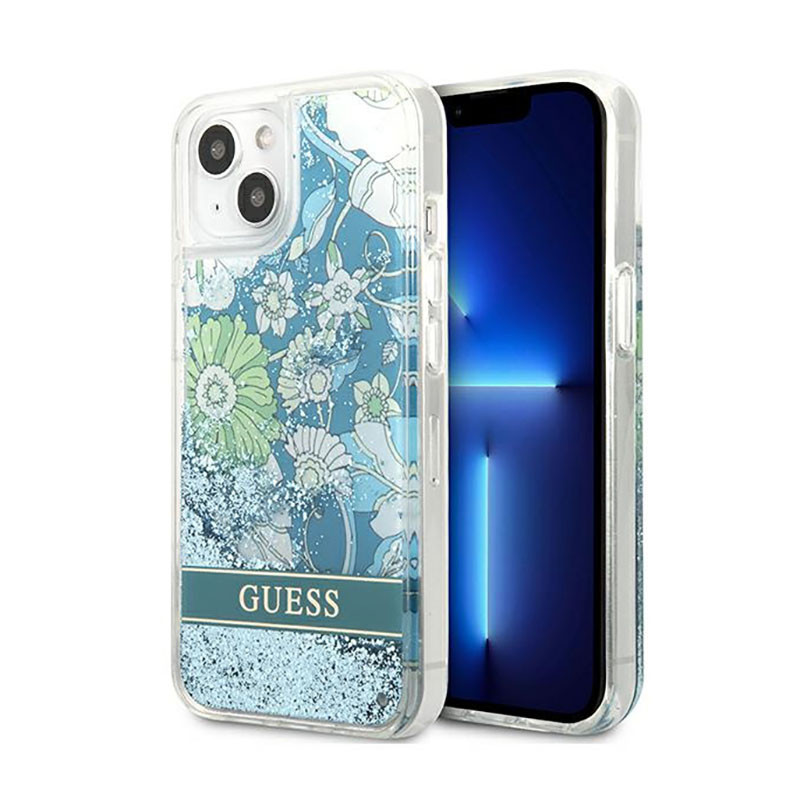 Etui Do iPhone 13 Guess Liquid Glitter Flower Niebieski