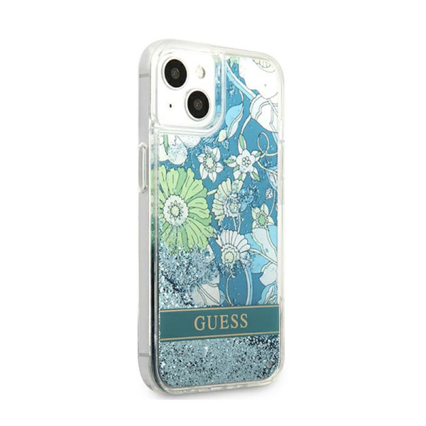 Etui Do iPhone 13 Guess Liquid Glitter Flower Niebieski