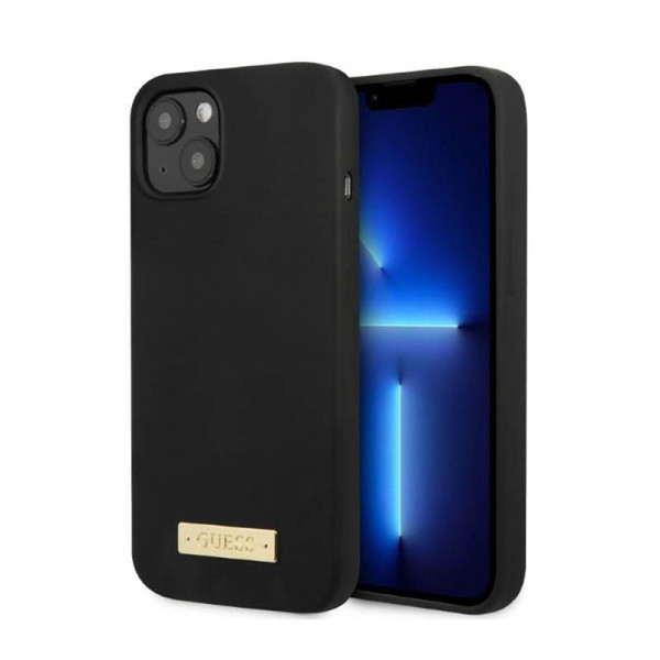 Etui Do iPhone 13 Guess Silicone Logo Plate MagSafe Czarny