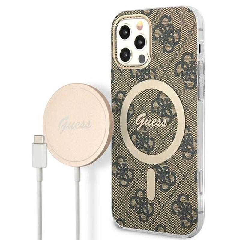 Zestaw Etui + Ładowarka MagSafe Do iPhone 12 / iPhone 12 Pro Guess Bundle Pack MagSafe 4G Brązowy