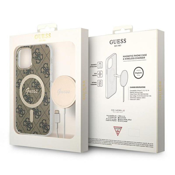 Zestaw Etui + Ładowarka MagSafe Do iPhone 12 / iPhone 12 Pro Guess Bundle Pack MagSafe 4G Brązowy