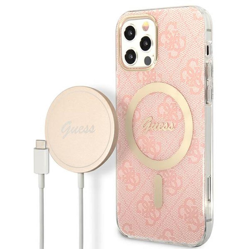 Zestaw Etui + Ładowarka MagSafe Do iPhone 12 / iPhone 12 Pro Guess Bundle Pack MagSafe 4G Różowy
