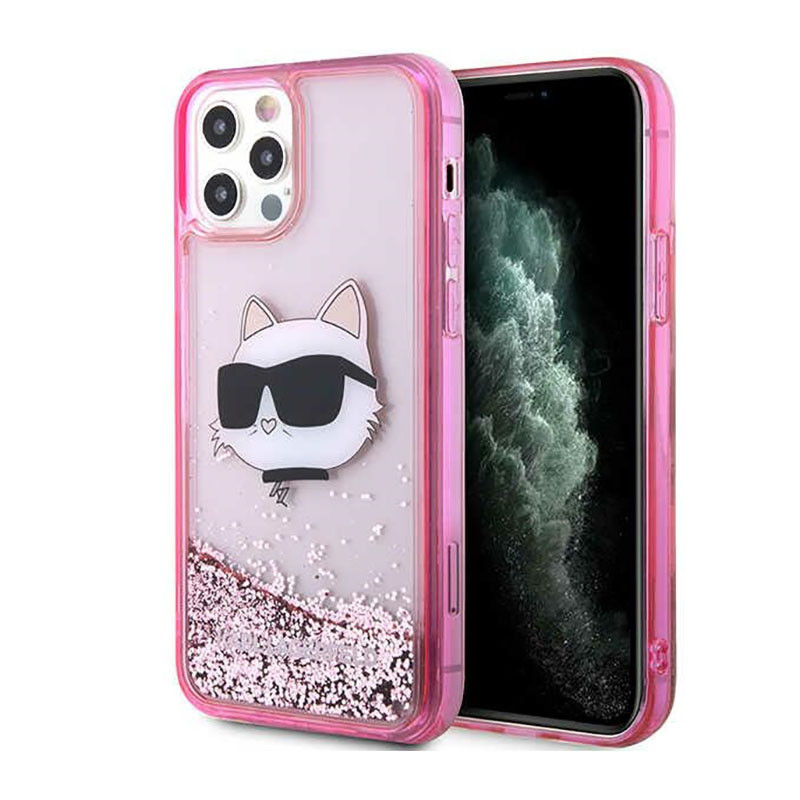 Etui Do iPhone 12 / iPhone 12 Pro Karl Lagerfeld Liquid Glitter NFT Choupette Head Różowy
