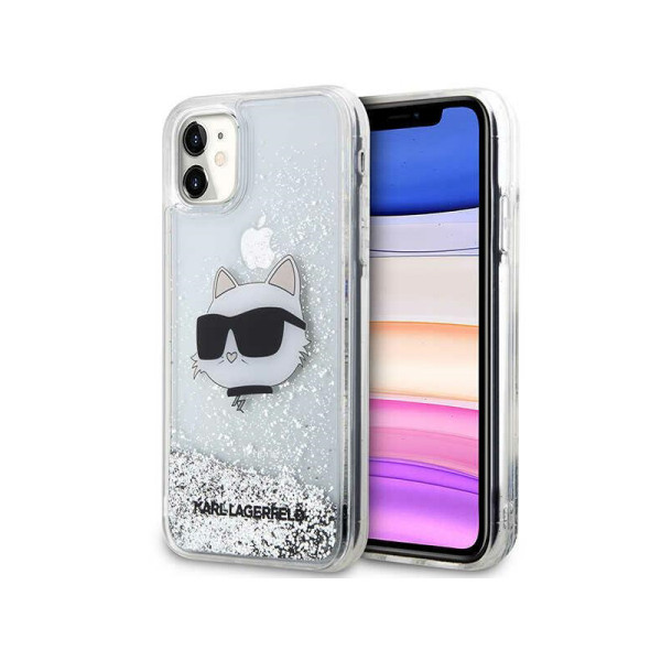 Etui Do iPhone 11 Karl Lagerfeld Liquid Glitter NFT Choupette Head Srebrny