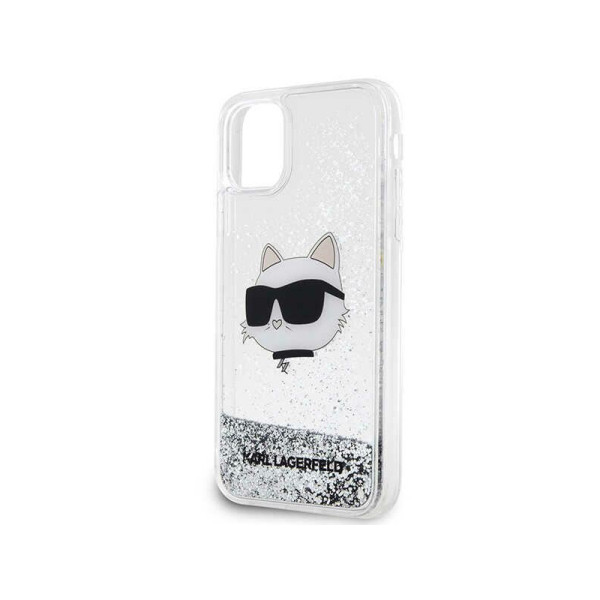 Etui Do iPhone 11 Karl Lagerfeld Liquid Glitter NFT Choupette Head Srebrny