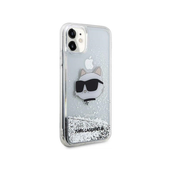 Etui Do iPhone 11 Karl Lagerfeld Liquid Glitter NFT Choupette Head Srebrny