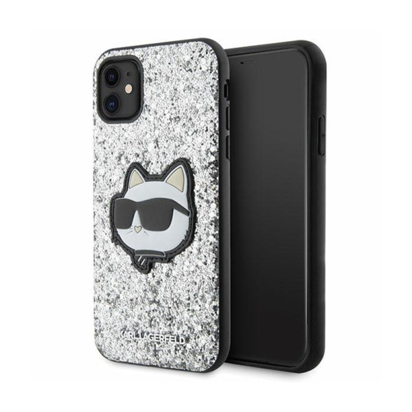 Etui Do iPhone 11 Karl Lagerfeld NFT Glitter Choupette Patch Srebrny