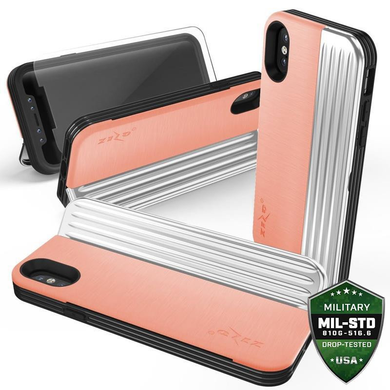 Etui Do iPhone XS / X Z Kieszenią Na Karty + Podstawka + Szkło 9H Na Ekran Zizo Retro Series Pomarańczowy