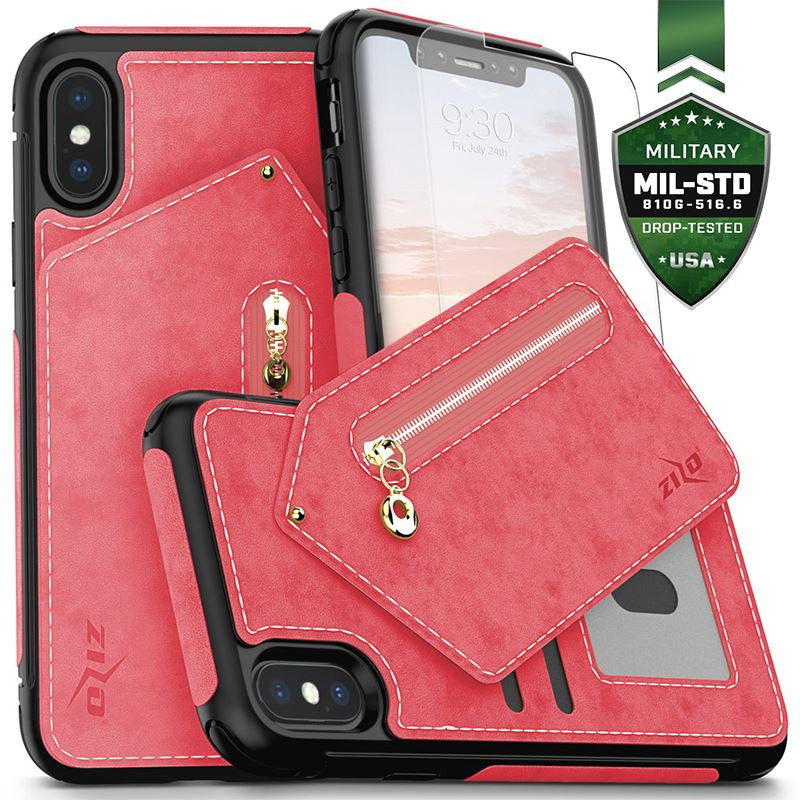 Etui Skórzane Do iPhone X Z Kieszeniami Na Karty + Saszetka Na Zamek + Szkło 9H Na Ekran Zizo Nebula Wallet Case Różowy