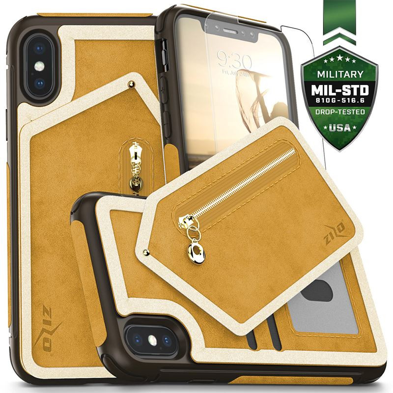 Etui Skórzane Do iPhone X Z Kieszeniami Na Karty + Saszetka Na Zamek + Szkło 9H Na Ekran Zizo Nebula Wallet Case Brązowy