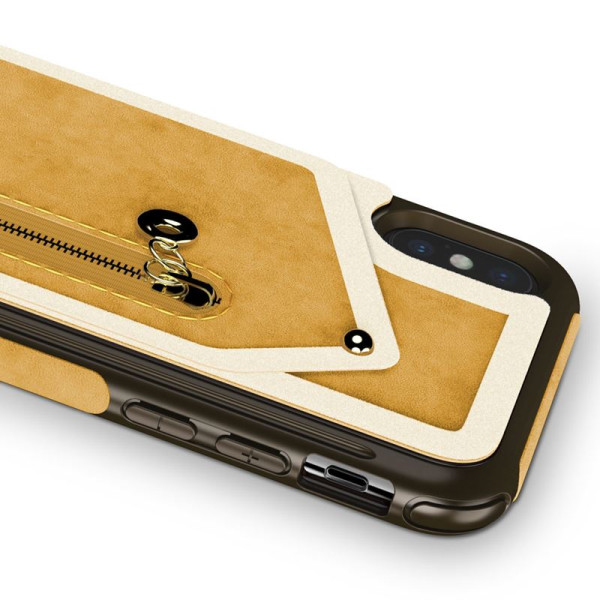 Etui Skórzane Do iPhone X Z Kieszeniami Na Karty + Saszetka Na Zamek + Szkło 9H Na Ekran Zizo Nebula Wallet Case Brązowy