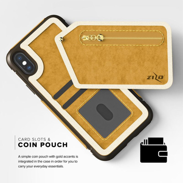 Etui Skórzane Do iPhone X Z Kieszeniami Na Karty + Saszetka Na Zamek + Szkło 9H Na Ekran Zizo Nebula Wallet Case Brązowy