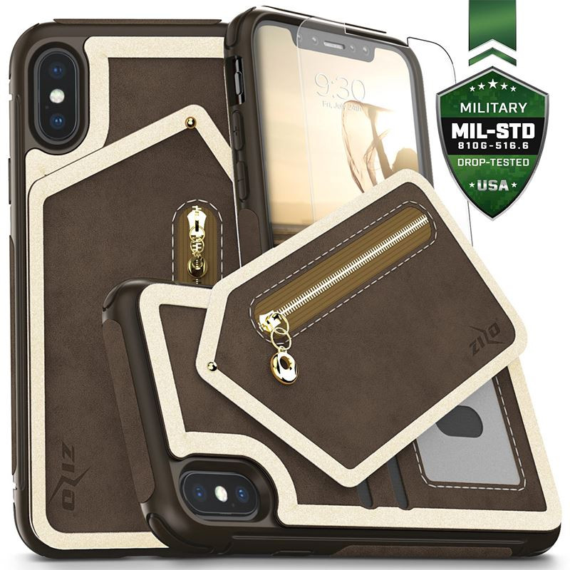 Etui Skórzane Do iPhone X Z Kieszeniami Na Karty + Saszetka Na Zamek + Szkło 9H Na Ekran Zizo Nebula Wallet Case Brązowy