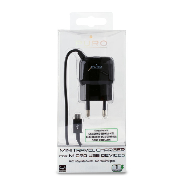 Ładowarka Sieciowa Przenośna Z Kablem Micro USB Puro Mini Travel Charger Czarny