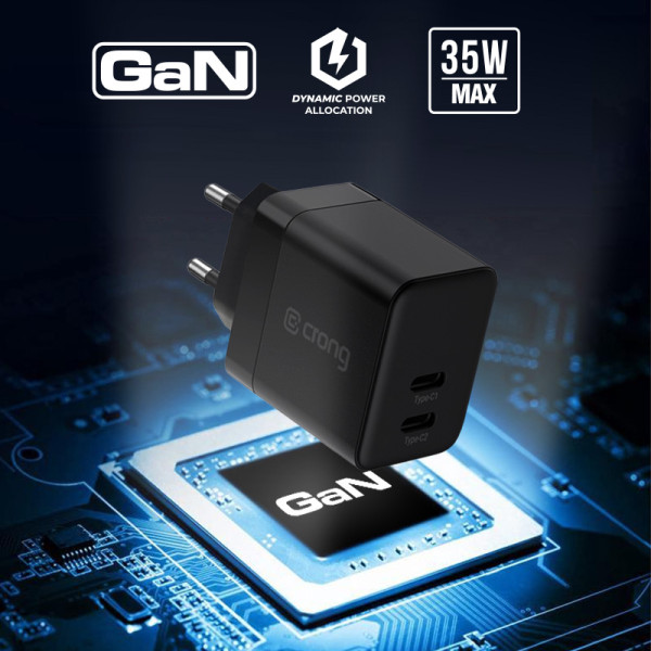 Ładowarka Sieciowa 2x USB-C 35 W Pd 3.0 Z Pps Crong Ultra Compact Gan Czarny
