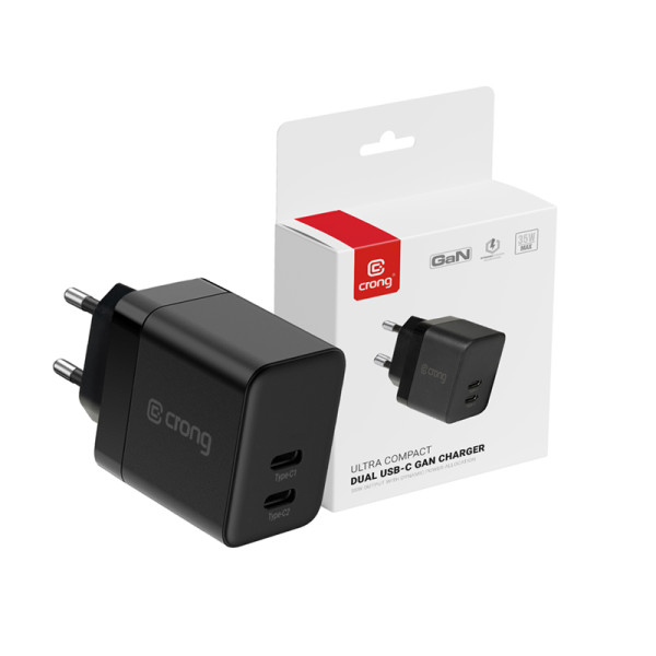 Ładowarka Sieciowa 2x USB-C 35 W Pd 3.0 Z Pps Crong Ultra Compact Gan Czarny