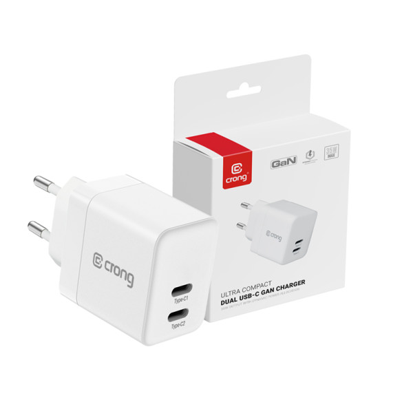 Ładowarka Sieciowa 2x USB-C 35 W Pd 3.0 Z Pps Crong Ultra Compact Gan Biały