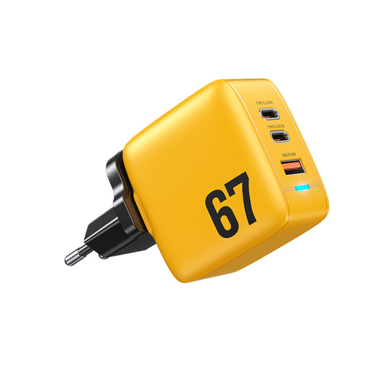 Ładowarka Sieciowa 2x USB-C / USB-A Super Fast Charger Gan 67 W Wekome WP - U141 Tint Series Żółty