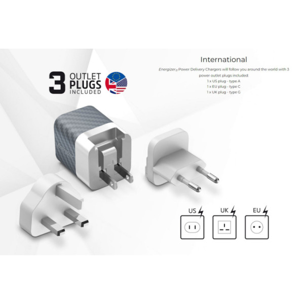 Ładowarka Sieciowa Multiplug EU / UK / US Gan USB-C & USB-A 38 W Pd + QC 3.0 Energizer Ultimate Srebrny