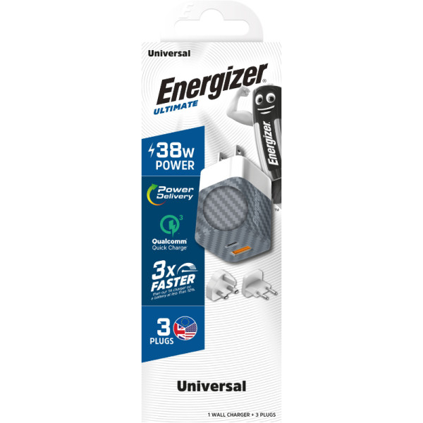 Ładowarka Sieciowa Multiplug EU / UK / US Gan USB-C & USB-A 38 W Pd + QC 3.0 Energizer Ultimate Srebrny