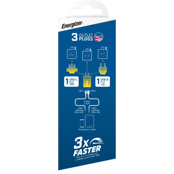 Ładowarka Sieciowa Multiplug EU / UK / US Gan USB-C & USB-A 38 W Pd + QC 3.0 Energizer Ultimate Srebrny