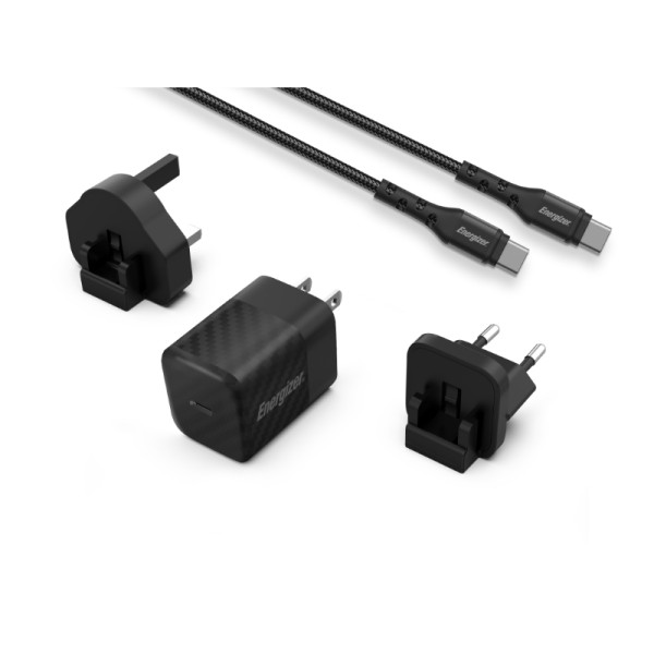 Ładowarka Sieciowa Multiplug EU / UK / US Gan USB-C 20 W Pd + Kabel USB-C Energizer Ultimate Czarny