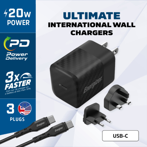 Ładowarka Sieciowa Multiplug EU / UK / US Gan USB-C 20 W Pd + Kabel USB-C Energizer Ultimate Czarny