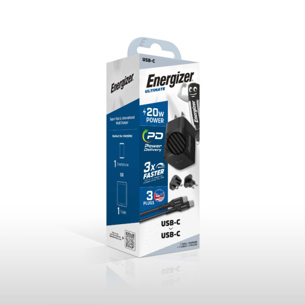 Ładowarka Sieciowa Multiplug EU / UK / US Gan USB-C 20 W Pd + Kabel USB-C Energizer Ultimate Czarny
