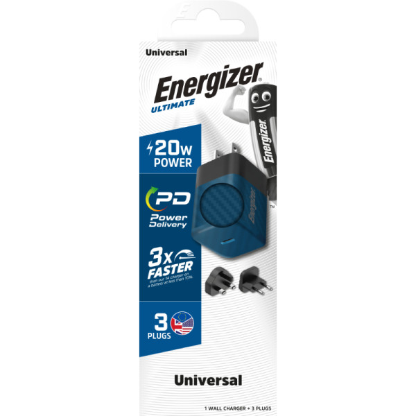 Ładowarka Sieciowa Multiplug EU / UK / US Gan USB-C 20 W Pd Energizer Ultimate Niebieski