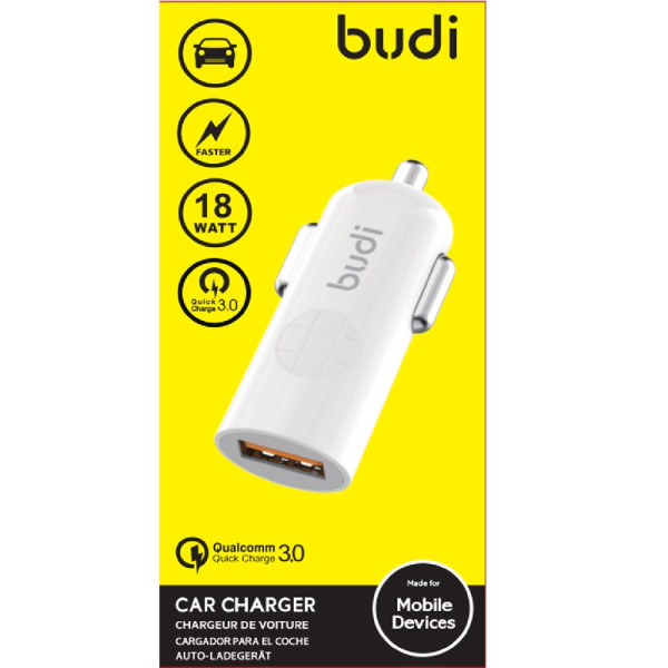 Ładowarka Samochodowa USB. 18 W. QC 3.0 Budi Biały