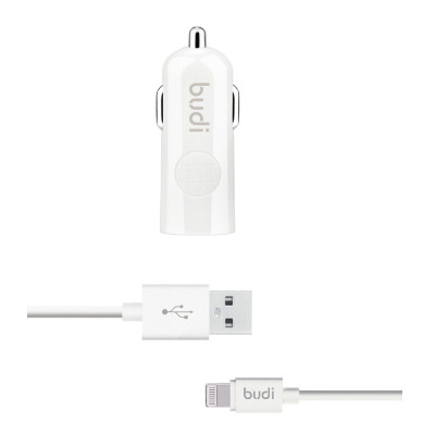 Ładowarka Samochodowa USB + Kabel Lightning Budi Biały