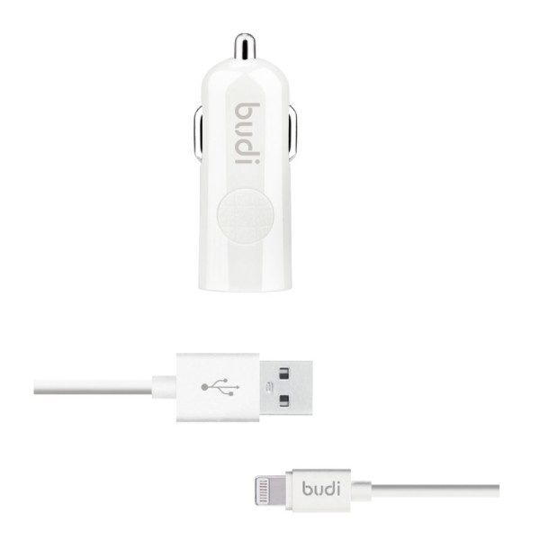 Ładowarka Samochodowa USB + Kabel Lightning Budi Biały
