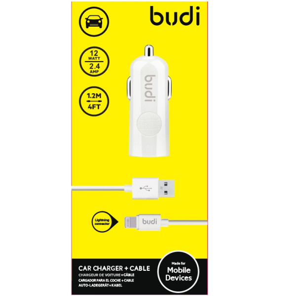 Ładowarka Samochodowa USB + Kabel Lightning Budi Biały