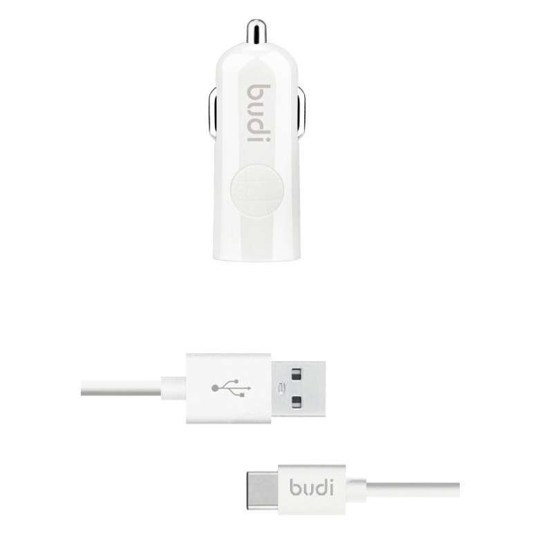 Ładowarka Samochodowa USB + Kabel USB-C Budi Biały