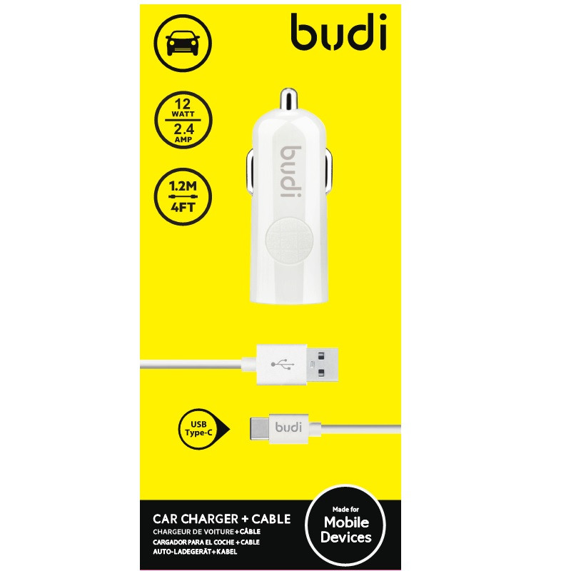 Ładowarka Samochodowa USB + Kabel USB-C Budi Biały