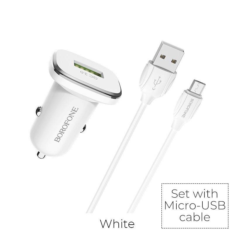 Ładowarka Samochodowa USB Z QC3.0 I Kablem Micro USB W Zestawie Borofone Biały
