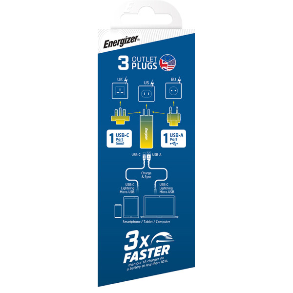 Ładowarka Sieciowa Multiplug EU / UK / US Gan USB-C & USB-A 65 W Pd Energizer Ultimate Srebrny