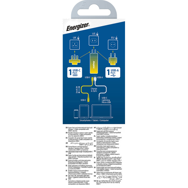 Ładowarka Sieciowa Multiplug EU / UK / US Gan USB-C & USB-A 65 W Pd + Kabel USB-C Energizer Ultimate Czarny