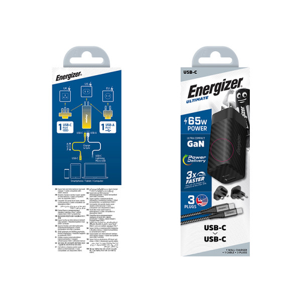 Ładowarka Sieciowa Multiplug EU / UK / US Gan USB-C & USB-A 65 W Pd + Kabel USB-C Energizer Ultimate Czarny