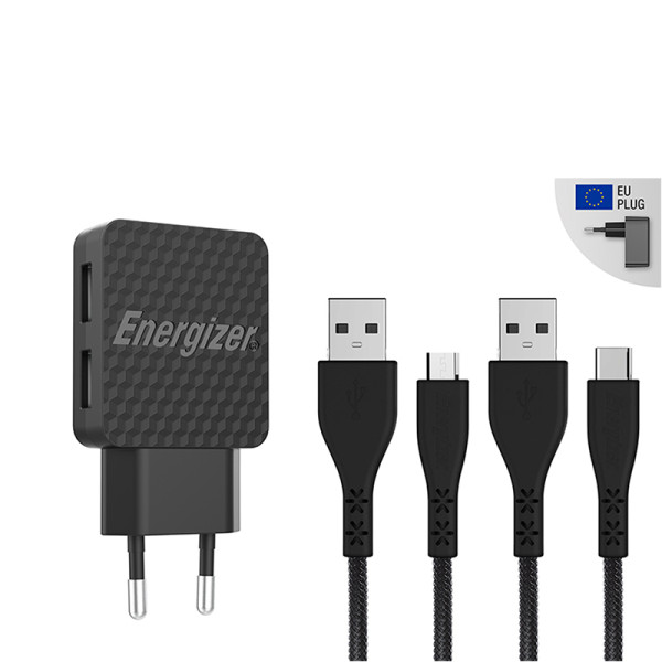 Ładowarka Sieciowa 2x USB-A 12 W + Kabel USB-C & Micro USB Energizer Hardcase Czarny
