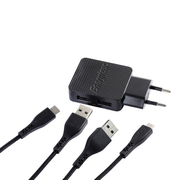 Ładowarka Sieciowa 2x USB-A 12 W + Kabel USB-C & Micro USB Energizer Hardcase Czarny