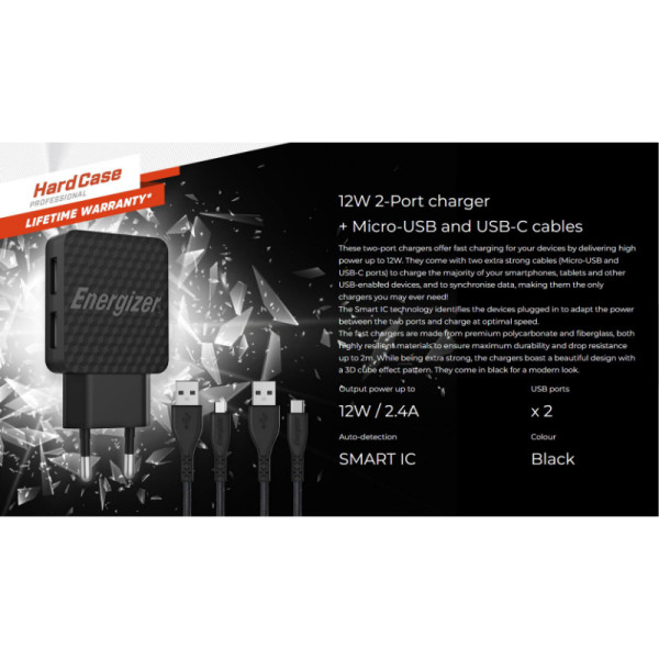 Ładowarka Sieciowa 2x USB-A 12 W + Kabel USB-C & Micro USB Energizer Hardcase Czarny