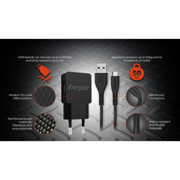 Ładowarka Sieciowa 2x USB-A 12 W + Kabel USB-C & Micro USB Energizer Hardcase Czarny
