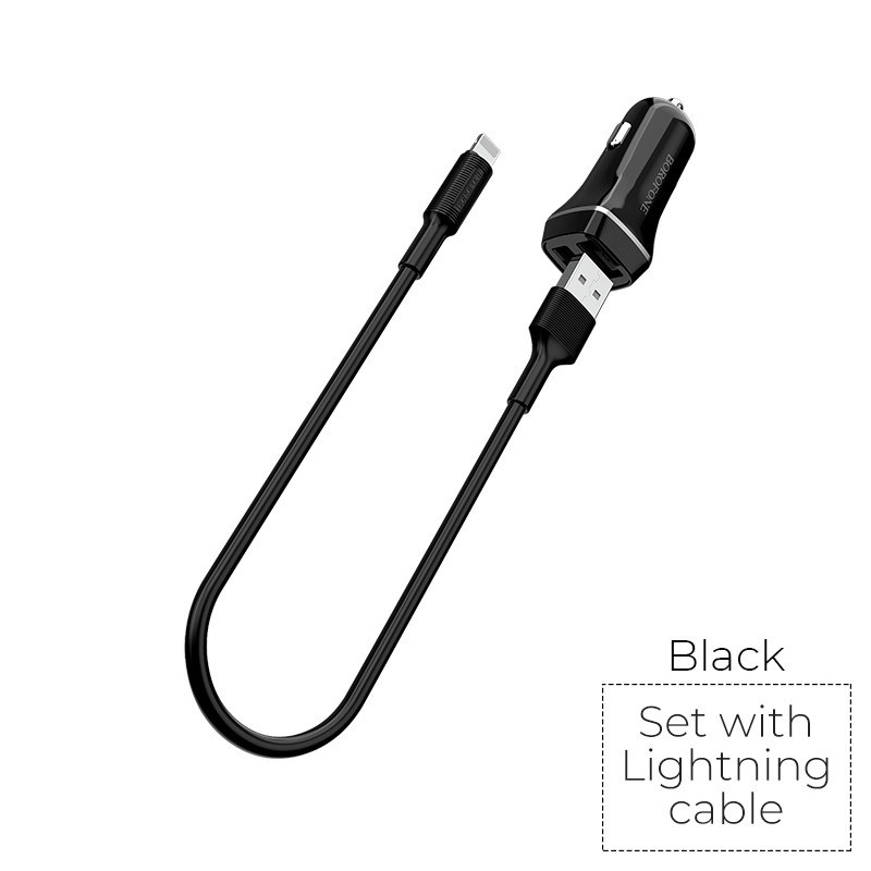 Ładowarka Samochodowa 2x USB Kabel Lightning W Zestawie Borofone Czarny